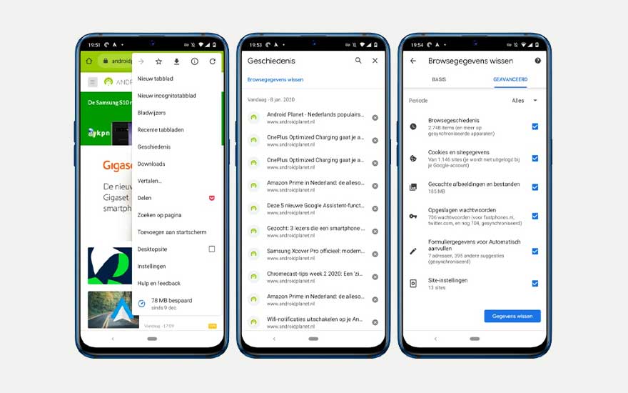 Drie smartphones tonen browser geschiedenis en instellingen op een witte achtergrond. De schermen tonen menu's met tekst en vinkjes.