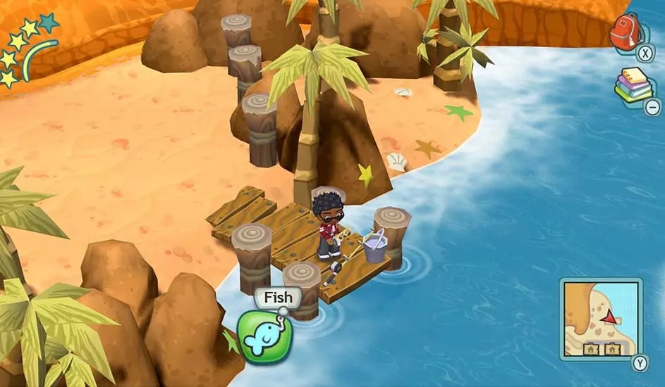 Un jeune pêcheur se tient sur un petit ponton en bois, près d’une plage tropicale aux palmiers, rochers et eau bleue animée d’un icône de poisson