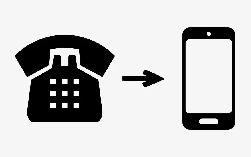 Un téléphone fixe noir avec une flèche pointant vers un smartphone noir sur fond blanc.