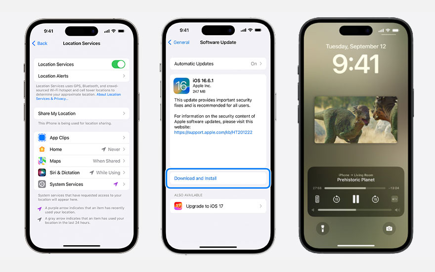 Drie iPhones tonen instellingen: Locatiediensten aan, software-update iOS 16.6.1, en vergrendelscherm met 'Prehistoric Planet'.