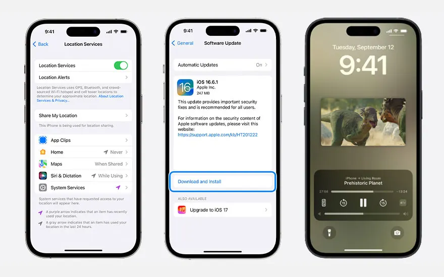 Trois iPhones affichent des écrans : Services de localisation, mise à jour iOS 16.6.1 et écran de verrouillage avec "Prehistoric Planet".
