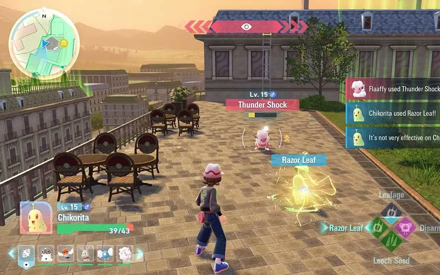 Sur une terrasse ensoleillée, un dresseur dirige son Germignon contre un Lainergie, tandis que menus et noms d’attaques s’affichent nettement à l’écran.