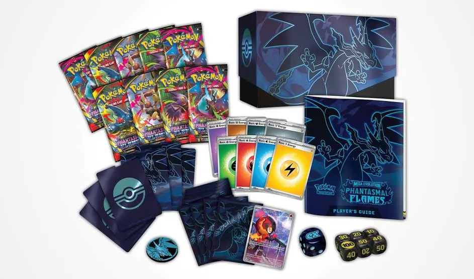 Un coffret Pokémon présente des boosters, cartes Énergie, protège-cartes, jetons, guide et grande boîte sur fond blanc net.