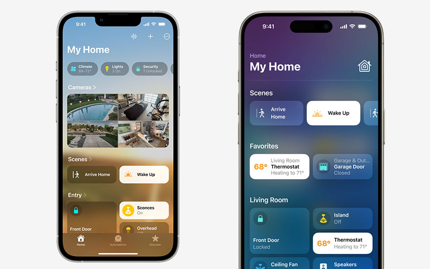 Deux smartphones affichent l'application "My Home" avec des commandes pour la maison connectée. L'interface est bleue et blanche.