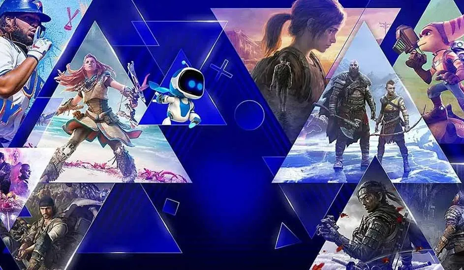 Divers jeux vidéo dans des triangles bleus. On y voit des personnages et des scènes variées, sur fond bleu foncé.