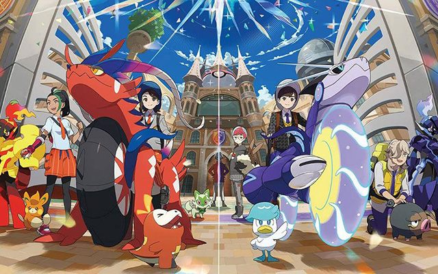 Pokémon-groepsfoto met trainers en hun Pokémon poseren voor een groot kasteel onder een stralende hemel vol lichtstralen. 