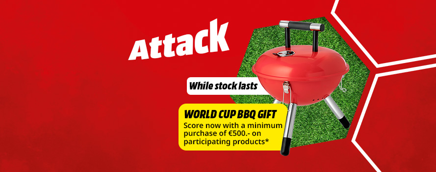 Red promotional image with red barbecue, grass background, and text: "Attack", "While stock lasts", and World Cup BBQ gift with purchases from €500.