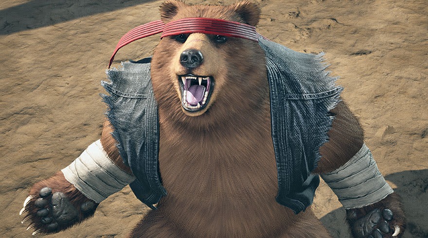 Un ours brun avec un bandeau rouge et une veste en jean, les bras bandés, gueule ouverte, sur un fond beige.