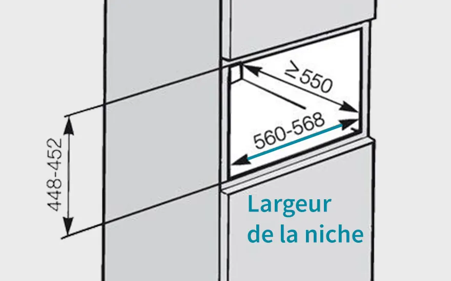 Schéma technique gris clair montrant les dimensions d'une niche : hauteur 448-452, profondeur ≥ 550 et largeur 560-568.