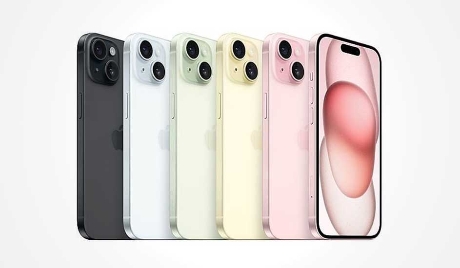 Een rij iPhones in zachte pastelkleuren, dubbele camera’s achteraan en één toestel met een roze abstract scherm vooraan.