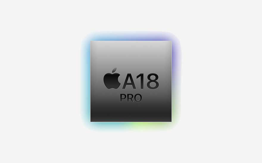 Square metallic Apple chip with logo and A18 Pro text, bordered by a subtle multicolored glow on a simple, clean white background.