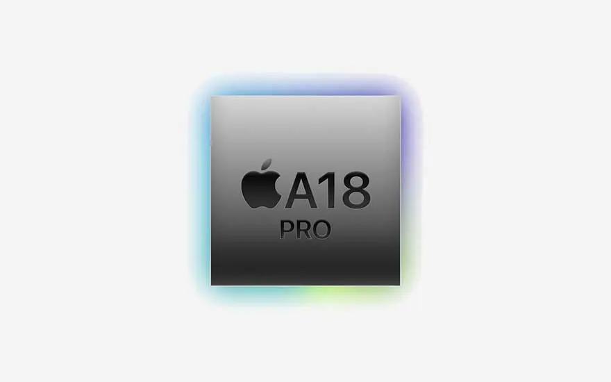 Vierkante metalen Apple-chip met logo en tekst A18 Pro, omrand door een subtiele meerkleurige gloed op een eenvoudige witte achtergrond.