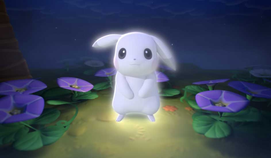 Glowing white bunny stands at night among purple flowers, softly lit by a magical halo in the dark meadow.
