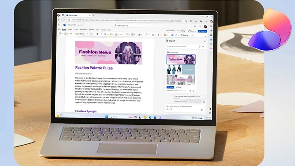Un ordinateur portable gris est ouvert sur une table en bois, affichant un document de mode avec du texte et des images.
