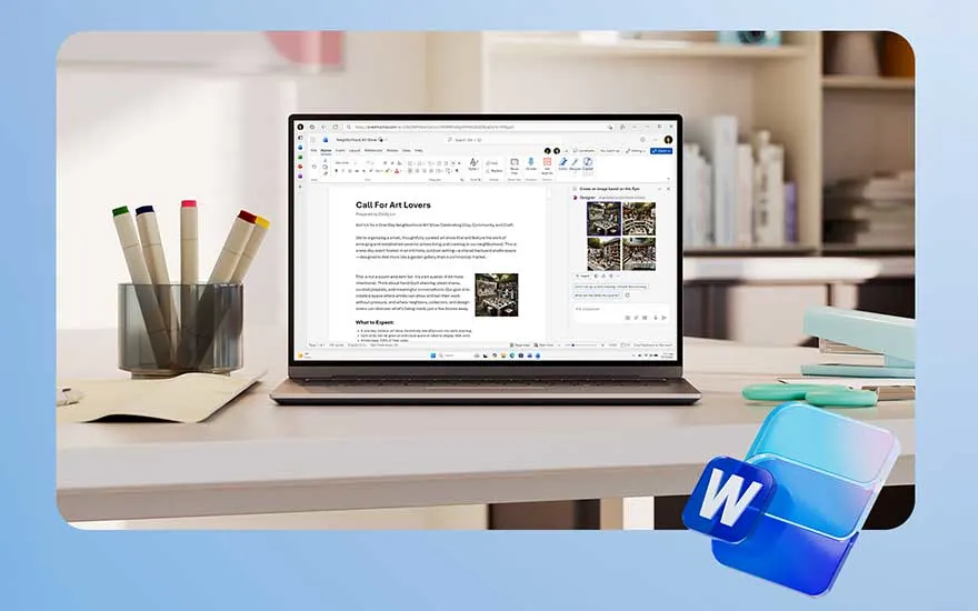 Een laptop op een bureau toont een Word-document met tekst en foto’s. Het klassieke blauwe Word-logo staat rechtsonder in beeld.