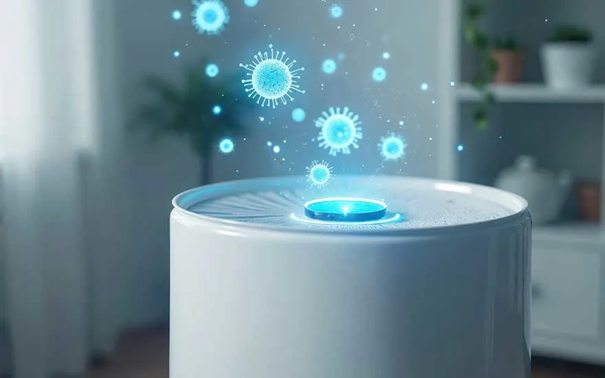 Un appareil blanc souffle ou filtre l’air ; au-dessus flottent des icônes bleues rappelant des virus dans un intérieur moderne.