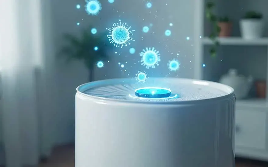 Un appareil blanc souffle ou filtre l’air ; au-dessus flottent des icônes bleues rappelant des virus dans un intérieur moderne.
