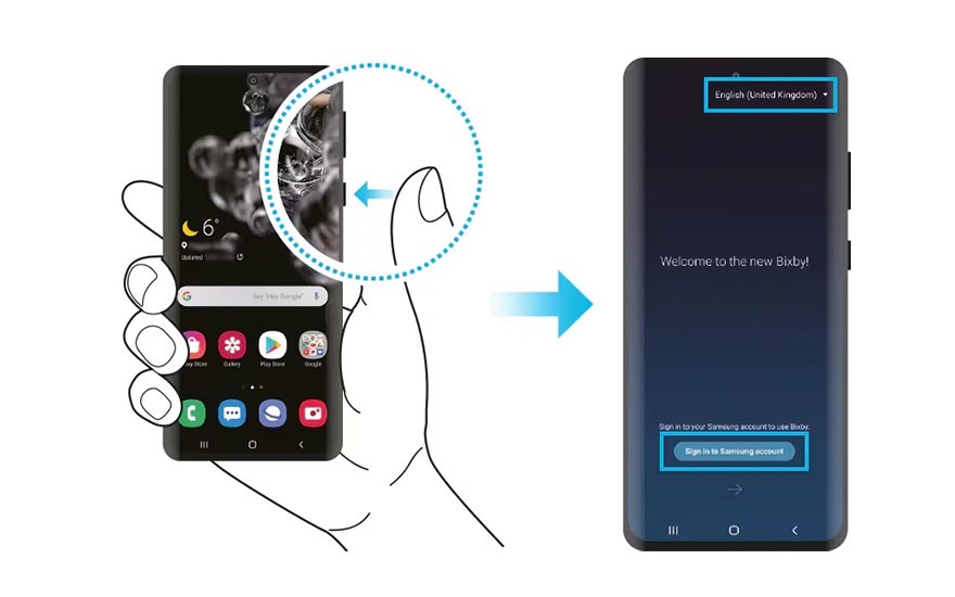 Un schéma montre un téléphone tenu avec une main dessinée, avec une flèche vers un écran d'accueil Bixby.
