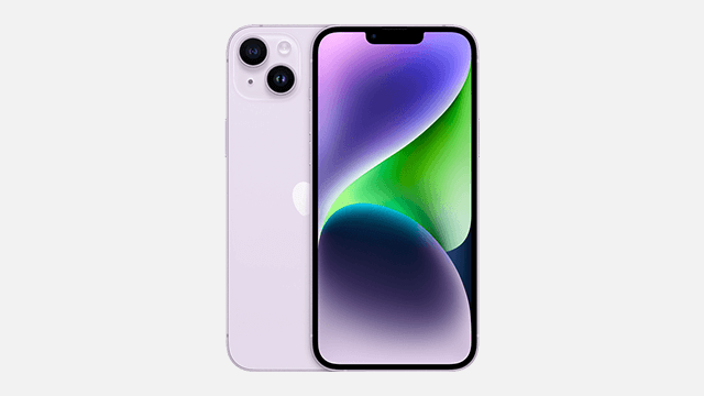 Deux téléphones violets côte à côte sur fond blanc. L'un montre un écran coloré. L'autre a deux objectifs de caméra.