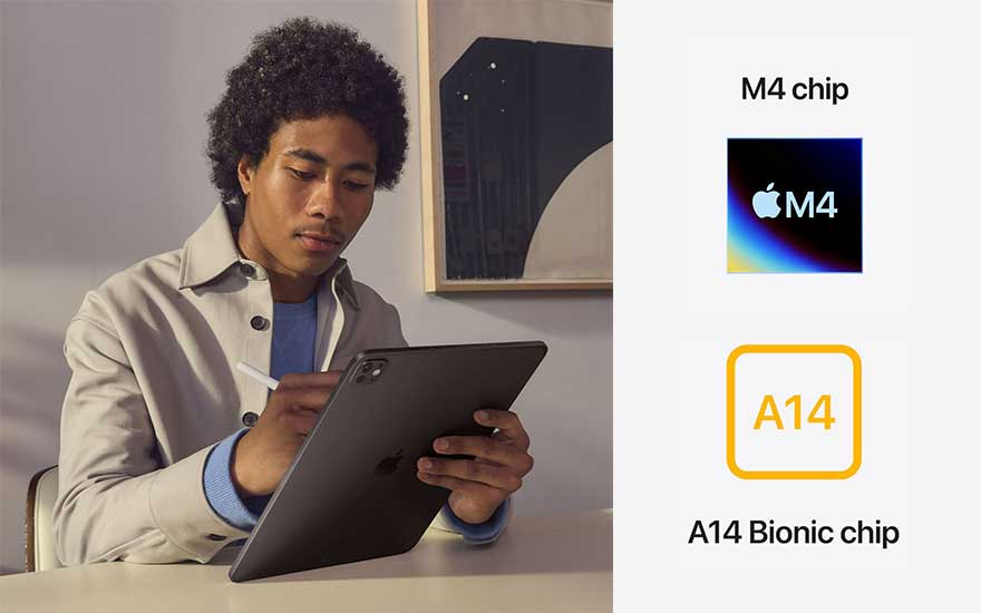 Un homme utilise une tablette noire avec un stylet, à côté des logos des puces M4 et A14 Bionic sur fond blanc.