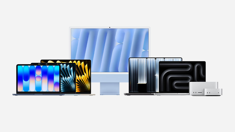 A collection of Apple tech products including a laptop with a purple screen, tablet, phone, watch, and audio devices are on a white background.