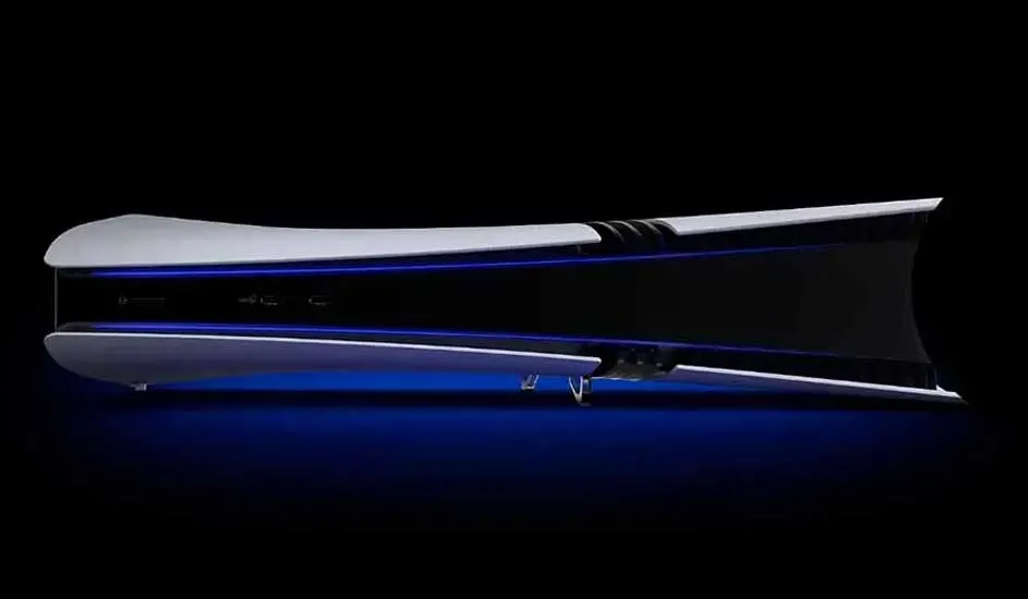 Een PlayStation 5 console ligt horizontaal, met witte panelen en blauwe accentverlichting tegen een zwarte achtergrond.