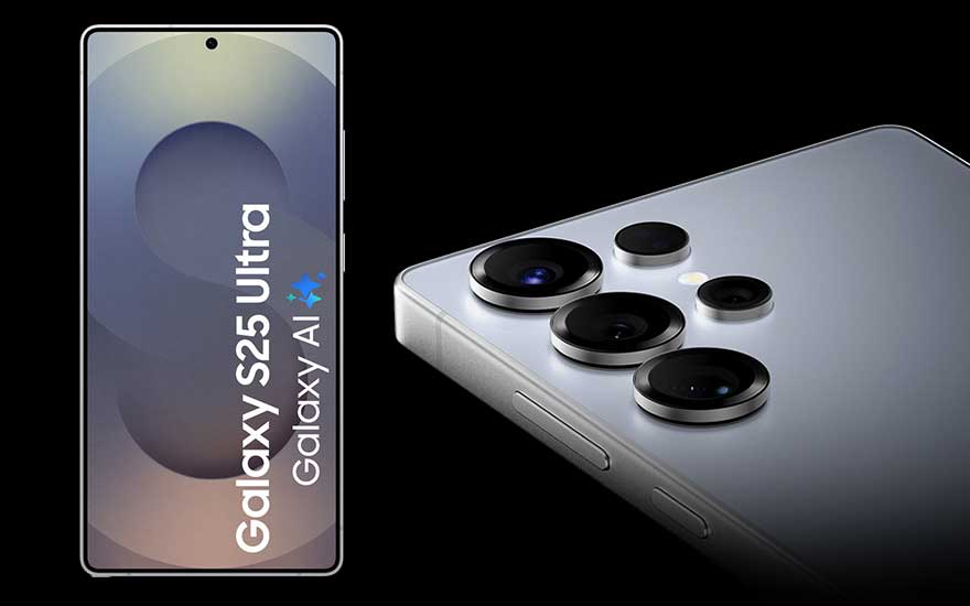 Een Samsung Galaxy S25 Ultra met Galaxy AI, weergegeven met het scherm links en de indrukwekkende vierdubbele camera rechts achteraan.