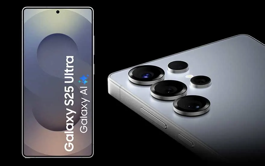 Een Samsung Galaxy S25 Ultra met Galaxy AI, weergegeven met het scherm links en de indrukwekkende vierdubbele camera rechts achteraan.