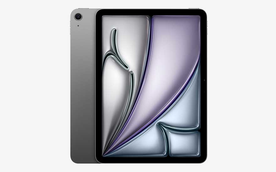 iPad Air (2025) gris foncé vue de face et de dos, affichant un motif abstrait violet et argenté brillant qui couvre tout l’écran.