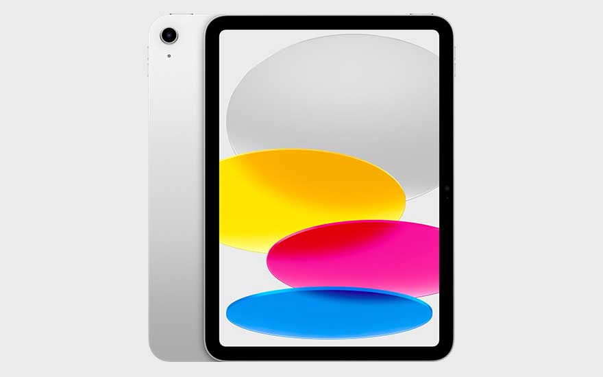 Une Apple iPad (2025) blanche affiche un design abstrait moderne et coloré à l’écran, sur un fond gris clair.
