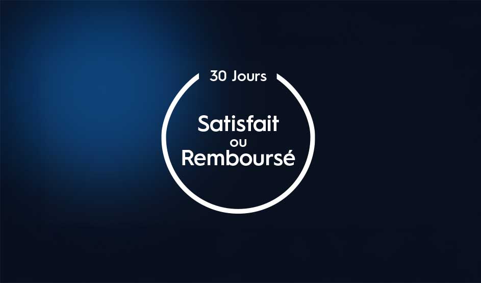 Satisfait ou remboursé : garantie 30 jours, cercle blanc et texte sur fond dégradé bleu foncé, design sobre et moderne.