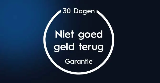 Tevreden of geld terug: 30 dagen garantie, witte cirkel en tekst op donkerblauwe gradientachtergrond, strak en modern.