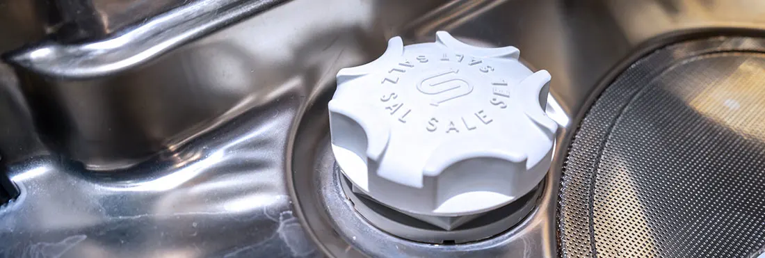 Couvercle de sel blanc avec l'inscription "SALT / SEL". Intérieur en métal d'un lave-vaisselle moderne.