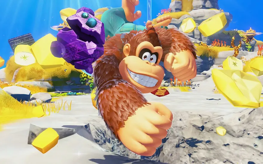 Donkey Kong court à travers un paysage coloré parsemé de blocs jaunes et d'ennemis violets, affichant son sourire caractéristique dans ce jeu.