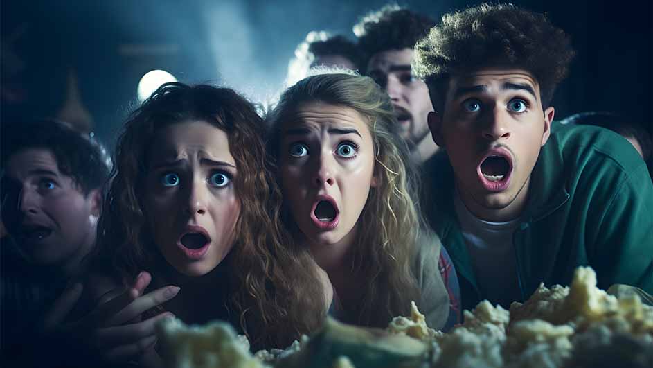 Des spectateurs, bouche bée, regardent un film dans une salle sombre, du pop-corn au premier plan. Lumière vive au fond.