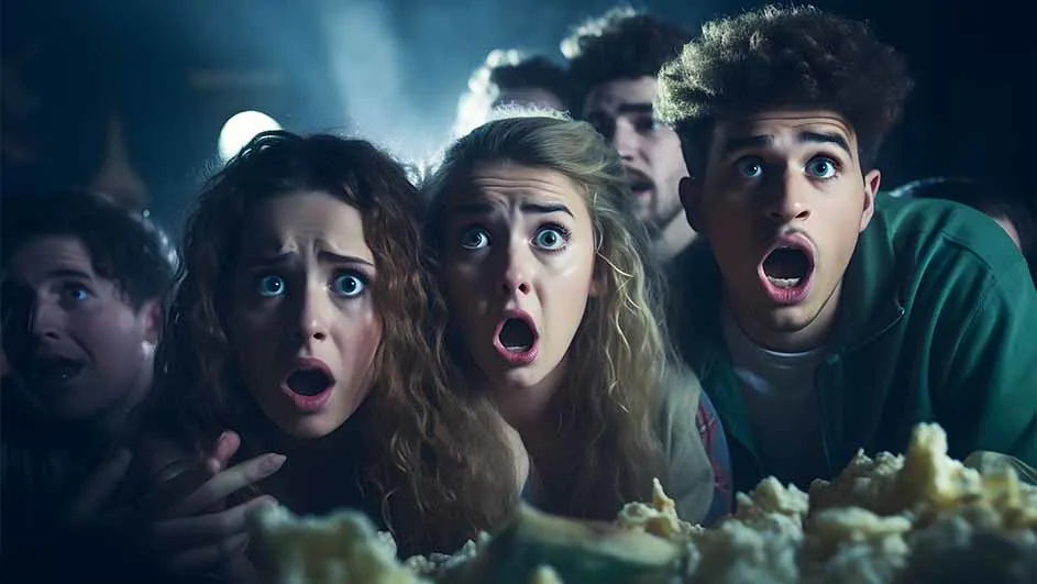 Des spectateurs, bouche bée, regardent un film dans une salle sombre, du pop-corn au premier plan. Lumière vive au fond.