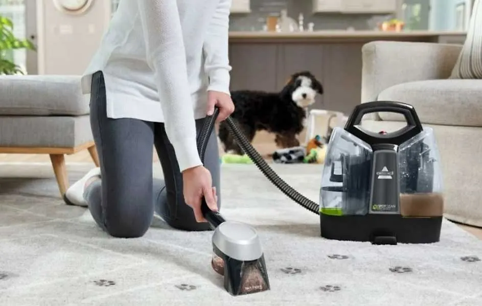 Iemand reinigt een beige tapijt met potenafdrukken met een tapijtreiniger. Een hond staat op de achtergrond.