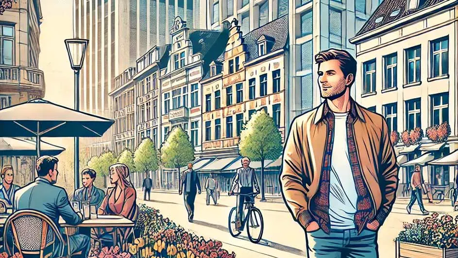 Een straatbeeld met gebouwen, een terras met mensen en een fietser op de voorgrond.