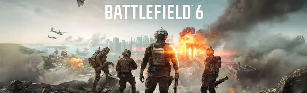 Jeu vidéo - Des soldats observent une ville en flammes; explosions, fumée, hélicoptères et avions de chasse traversent le ciel.