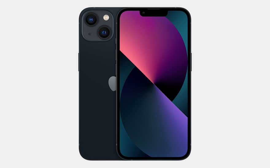 Een zwarte Apple iPhone 13 smartphone met een kleurrijk geometrisch patroon op het scherm en dubbele camera’s op de achterkant, strak design.