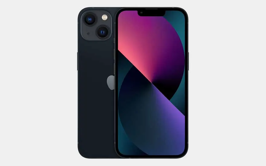 Un smartphone noir Apple iPhone 13, avec un motif géométrique coloré sur l’écran et deux caméras arrière, au design élégant et sobre.