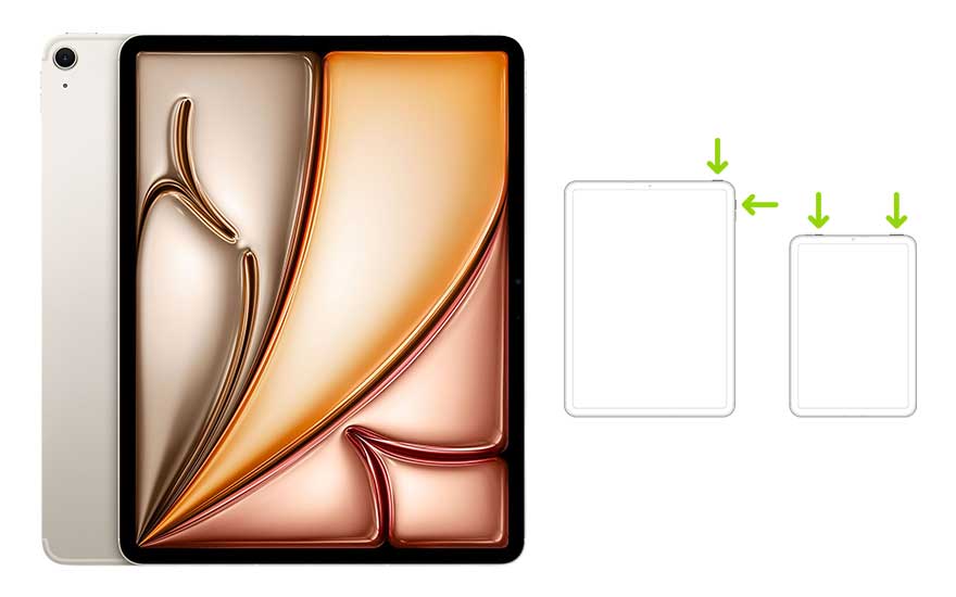Een witte tablet met een scherm dat een oranje en beige patroon toont, samen met schematische weergaven van tablets met groene pijlen.