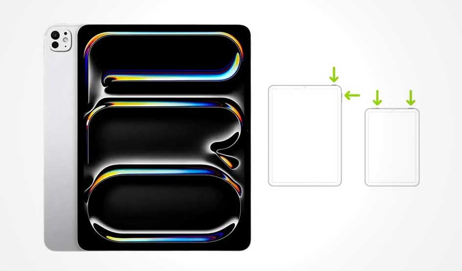 Tablette grise avec triple écran noir aux reflets colorés. Deux schémas de tablette avec des flèches vertes.