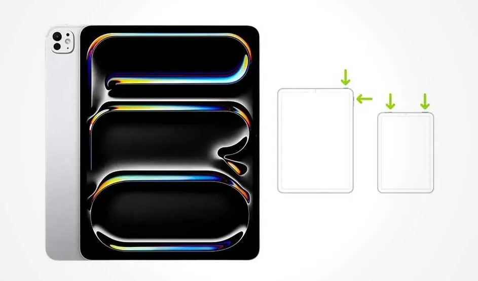 Tablette grise avec triple écran noir aux reflets colorés. Deux schémas de tablette avec des flèches vertes.