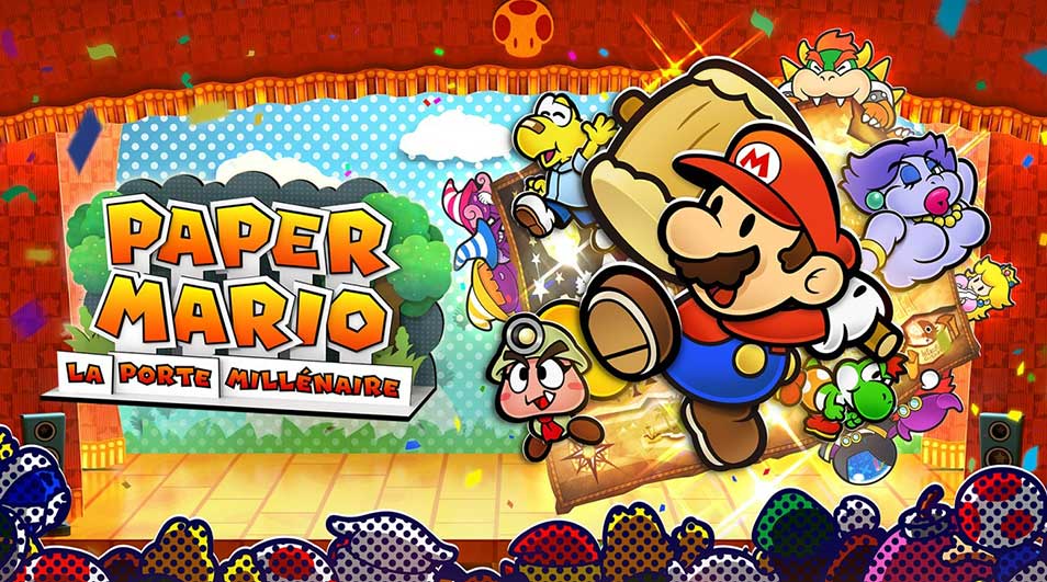 Affiche du jeu "Paper Mario : La Porte Millénaire" avec des personnages sur une scène colorée.