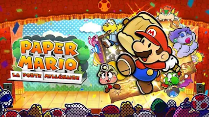 Affiche du jeu "Paper Mario : La Porte Millénaire" avec des personnages sur une scène colorée.