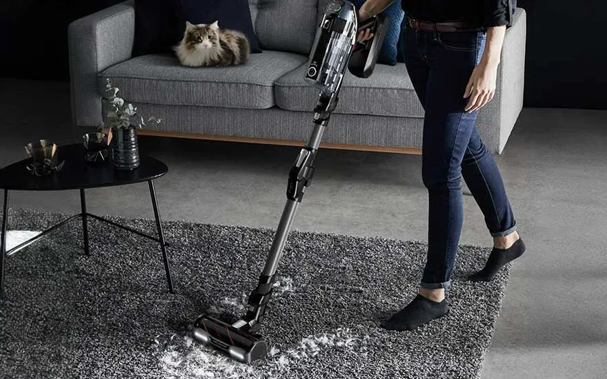 Une personne passe l'aspirateur sur un tapis gris dans un salon. Un chat est assis sur un canapé gris à l'arrière-plan.