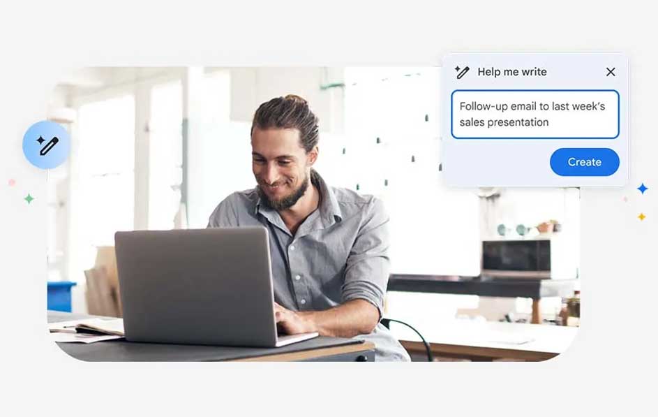 Een grijze laptop staat op een bureau voor een raam. Rechts een pop-up met de tekst: "Help me write".