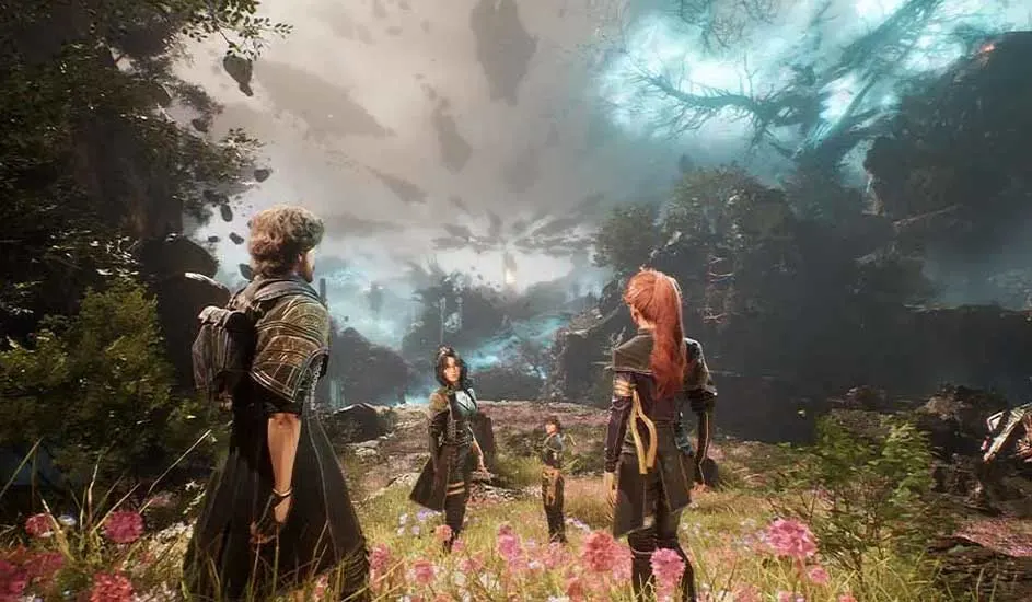 Un groupe devant un paysage fantastique avec arbres, fleurs roses et ciel nuageux.