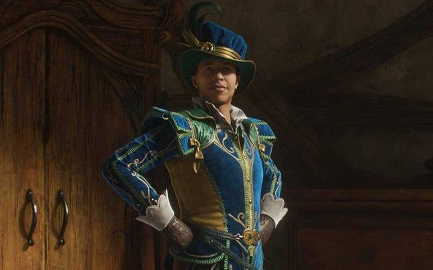 A confident figure in ornate blue and green Renaissance-style clothing, hands on hips, posing proudly in a rustic wooden room with wardrobe.